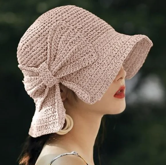 Pale Pink Bow Straw Hat - Picture 2 of 5